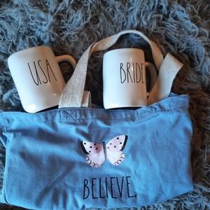 RAE DUNN bundle of two artisan collection by magenta mugs and a tote bag